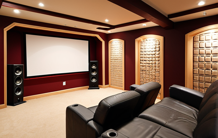 ** A cozy basement home theater setup. Soundproofing materials like acoustic foam panels are visibly installed on the walls. Soft lighting and comfortable seating. Focus on creating a sense of immersion.

**