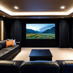 **

A cozy home theater setup with dimmable LED strip lighting accentuating the screen and built-in shelving, creating a warm ambiance. Comfortable, reclining leather seating faces the large screen. Thick, dark curtains block out any external light. Include acoustic panels on the walls for sound dampening. Add a small side table with a bowl of popcorn. The scene is safe for work, appropriate content, fully clothed, professional, and family-friendly. Perfect anatomy and natural proportions.

**