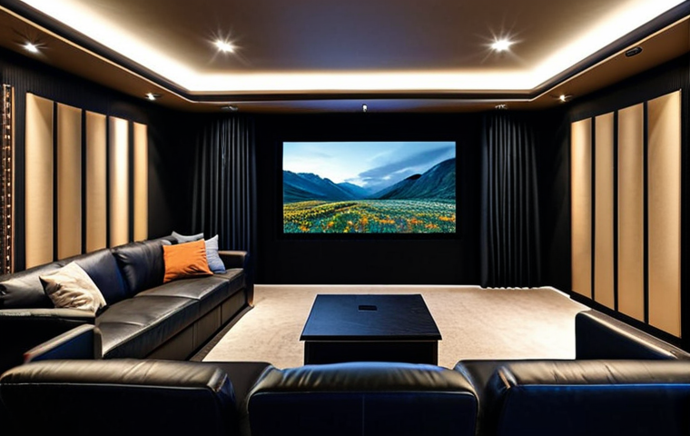 **

A cozy home theater setup with dimmable LED strip lighting accentuating the screen and built-in shelving, creating a warm ambiance. Comfortable, reclining leather seating faces the large screen. Thick, dark curtains block out any external light. Include acoustic panels on the walls for sound dampening. Add a small side table with a bowl of popcorn. The scene is safe for work, appropriate content, fully clothed, professional, and family-friendly. Perfect anatomy and natural proportions.

**