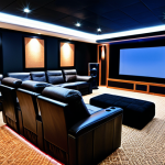The Ultimate Home Cinema Setup**

"A luxurious home theater interior. Large OLED screen displaying a vibrant movie scene, comfortable reclining leather chairs, warm ambient lighting from floor lamps, acoustic panels on the walls, a dark carpet.  High-end surround sound system with Klipsch speakers.  Safe for work, appropriate content, fully clothed, professional photography, perfect anatomy, natural proportions, modern design, family-friendly environment."

**