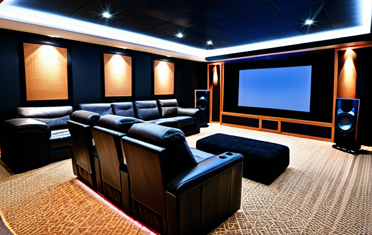 The Ultimate Home Cinema Setup**

"A luxurious home theater interior. Large OLED screen displaying a vibrant movie scene, comfortable reclining leather chairs, warm ambient lighting from floor lamps, acoustic panels on the walls, a dark carpet.  High-end surround sound system with Klipsch speakers.  Safe for work, appropriate content, fully clothed, professional photography, perfect anatomy, natural proportions, modern design, family-friendly environment."

**