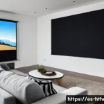 프로젝터 스크린 종류 비교 - A modern home theater room with a large fixed projector screen mounted on a clean white wall, showin...