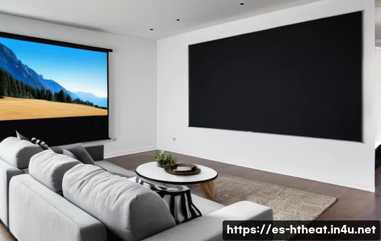 프로젝터 스크린 종류 비교 - A modern home theater room with a large fixed projector screen mounted on a clean white wall, showin...