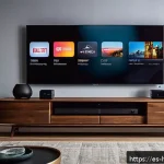 홈시어터 블루레이 플레이어 - A modern home cinema setup featuring a sleek 4K UHD Blu-ray player with HDR10+ and Dolby Atmos suppo...
