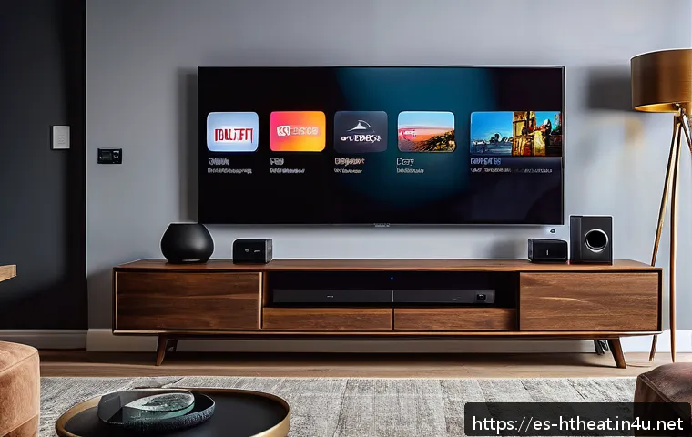 홈시어터 블루레이 플레이어 - A modern home cinema setup featuring a sleek 4K UHD Blu-ray player with HDR10+ and Dolby Atmos suppo...