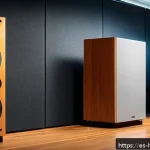 스피커 인클로저 종류 - A modern, high-end speaker enclosure workshop featuring various speaker boxes made from different ma...