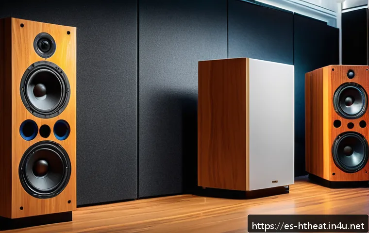 스피커 인클로저 종류 - A modern, high-end speaker enclosure workshop featuring various speaker boxes made from different ma...