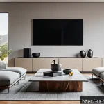 7 1채널 서라운드 - A modern living room designed for optimal surround sound experience, featuring a spacious rectangula...