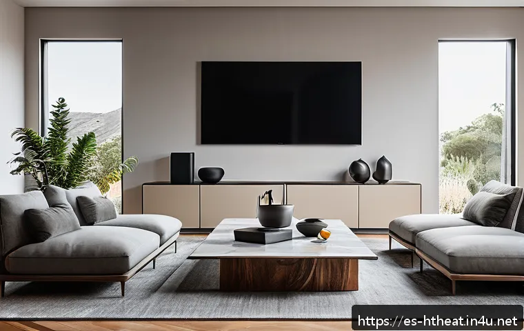 7 1채널 서라운드 - A modern living room designed for optimal surround sound experience, featuring a spacious rectangula...