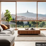 Wi Fi 오디오 시스템 - A modern living room in a stylish Spanish apartment, featuring sleek wireless speakers integrated se...