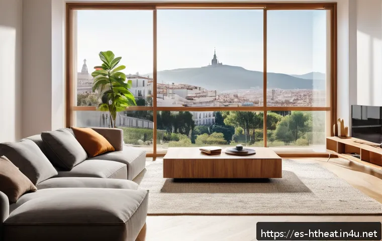 Wi Fi 오디오 시스템 - A modern living room in a stylish Spanish apartment, featuring sleek wireless speakers integrated se...