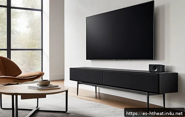 LG 돌비 애트모스 사운드바 - A sleek, modern soundbar with matte black finish and minimalist design, placed elegantly below a fla...